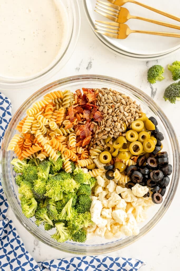 mixing bowl with olives, broccoli, cauliflower, and noodles.