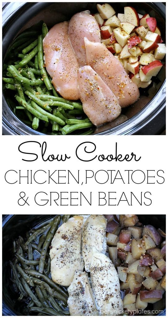 before & after pic of chicken potatoes & green beans in slow cooker Slow Cooker Chicken, Potatoes, & Green Beans - your entire dinner made right in the crock pot! | www.persnicketyplates.com
