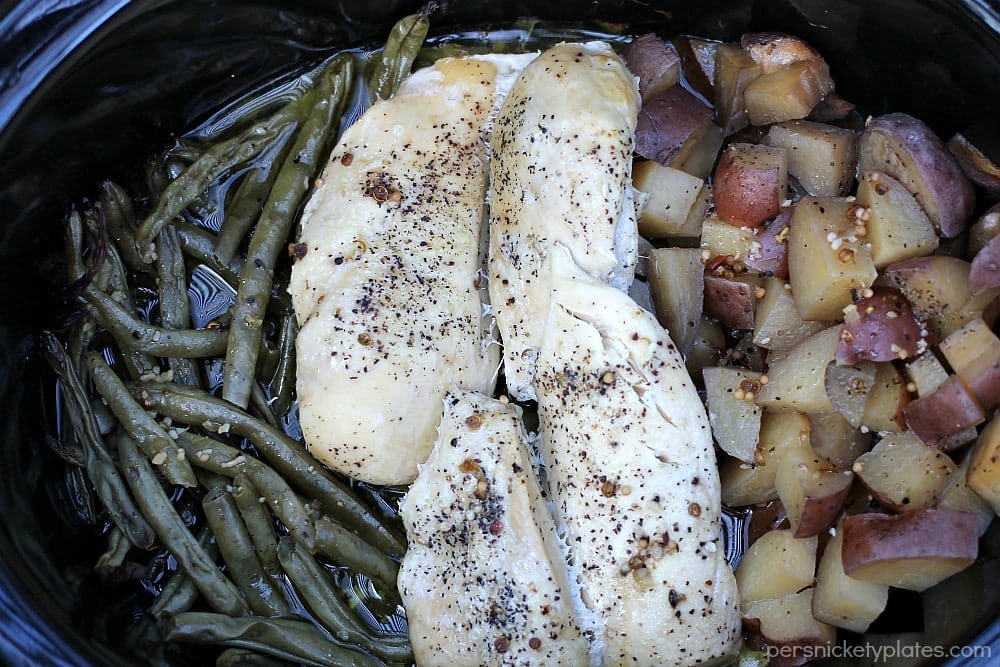 cooked chicken potatoes & green beans in slow cooker Slow Cooker Chicken, Potatoes, & Green Beans - your entire dinner made right in the crock pot! | www.persnicketyplates.com