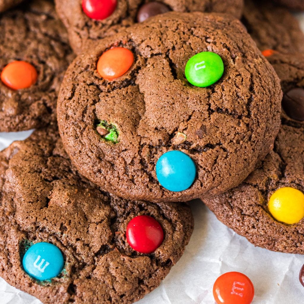 brownie cookies filled with colorful M&Ms.