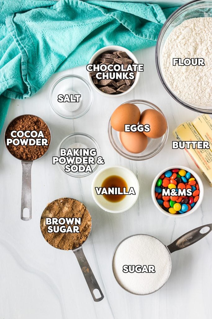 overhead shot of labeled ingredients to make brownie cookies.
