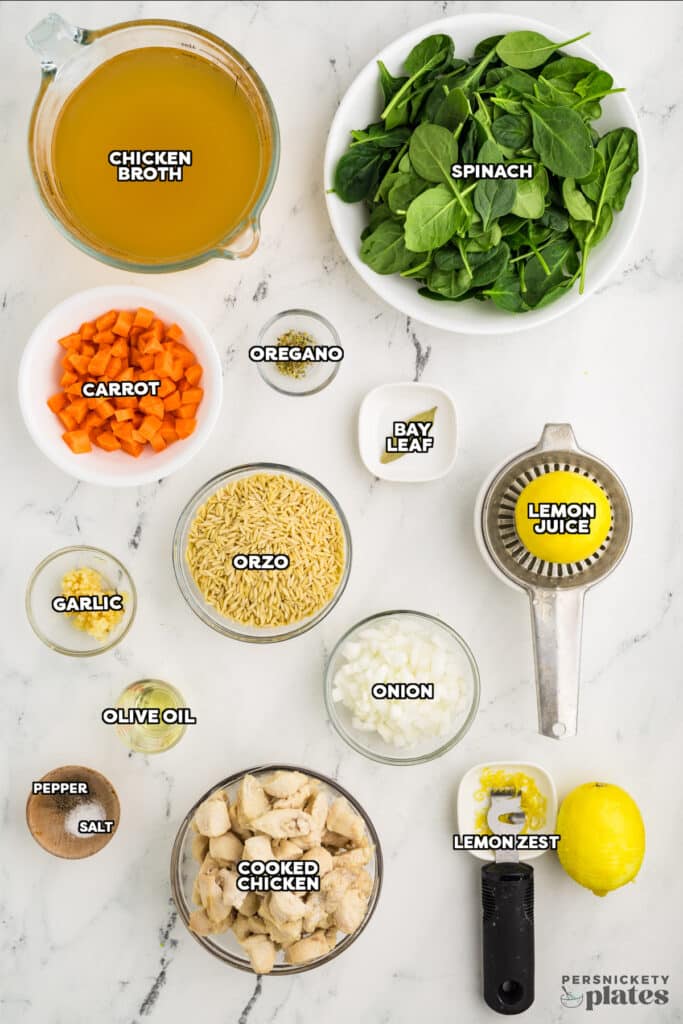 overhead shot of labeled ingredients laid out to make chicken soup.