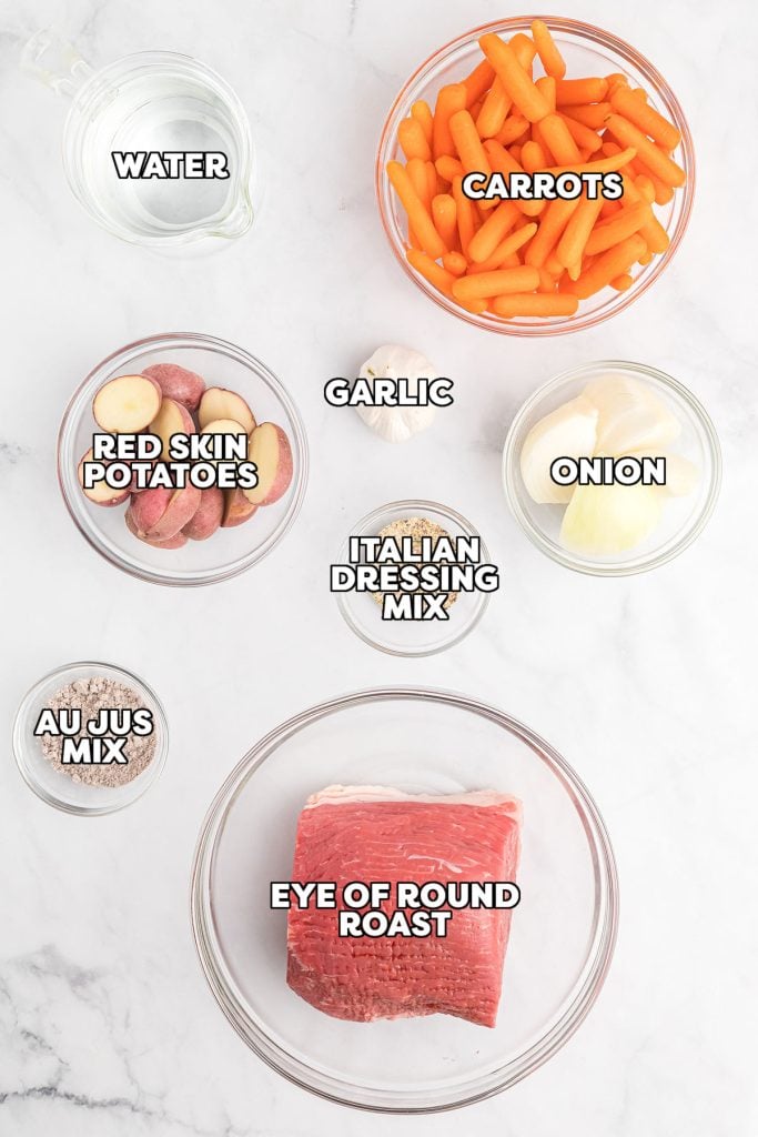 overhead shot of ingredients laid out to make eye of round in the slow cooker.