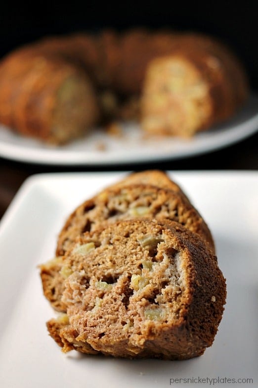 two slices of apple bundt cake on white plate