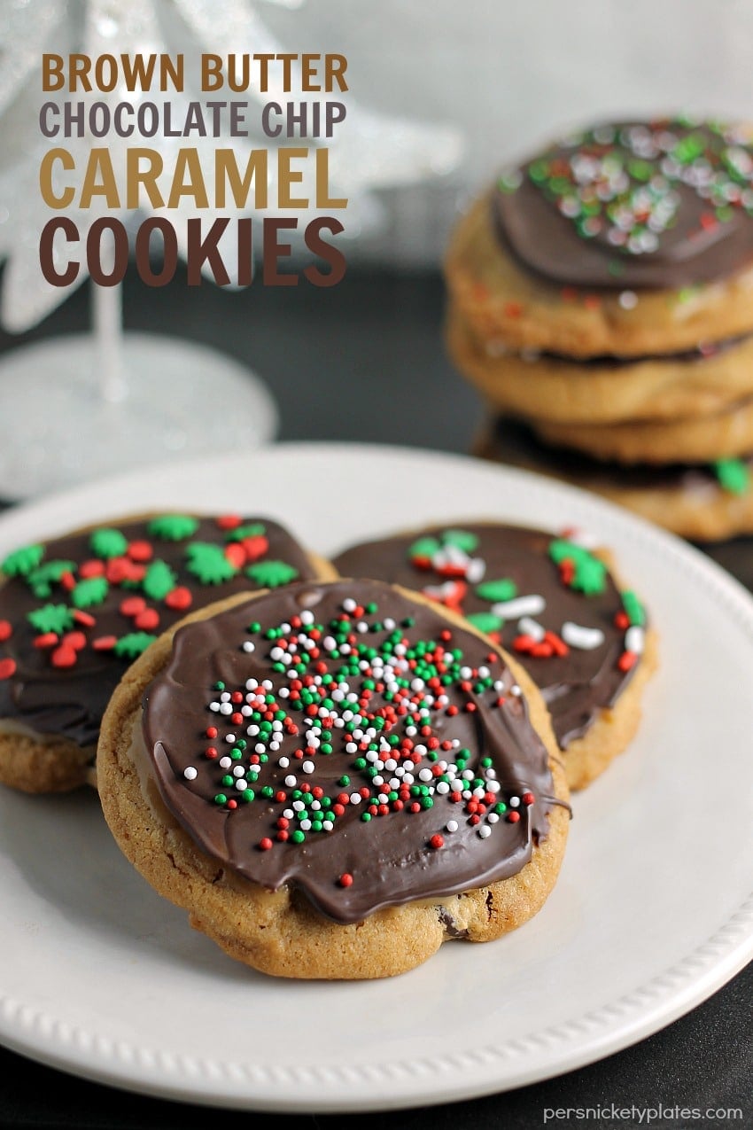 A brown butter chocolate chip cookie slathered with a layer of salted caramel then topped with chocolate and sprinkles. | Persnickety Plates