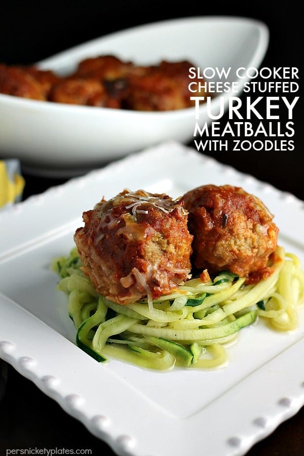 Slow Cooker Cheese Stuffed Turkey Meatballs with Zoodles | Persnickety Plates