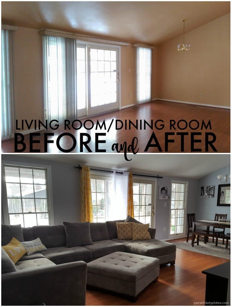 Before and after pictures of our living room/dining room done on a budget. Changing paint makes a huge difference - with Benjamin Moore Stonington Gray & Timber Wolf | Persnickety Plates