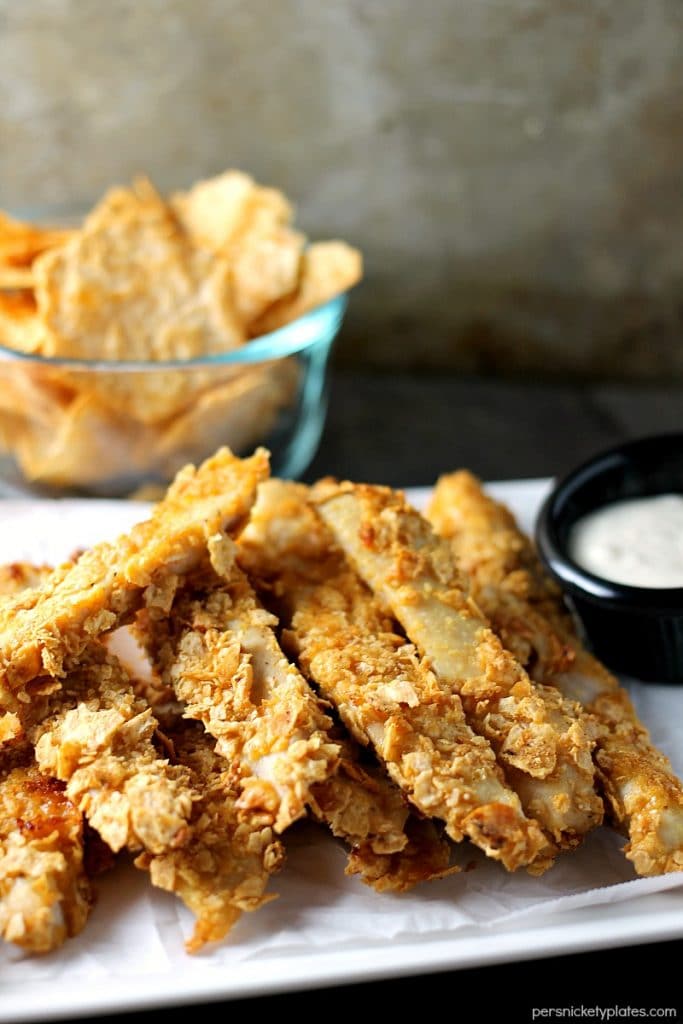 platter of Gluten free Crispy Baked BBQ Chicken Strips 