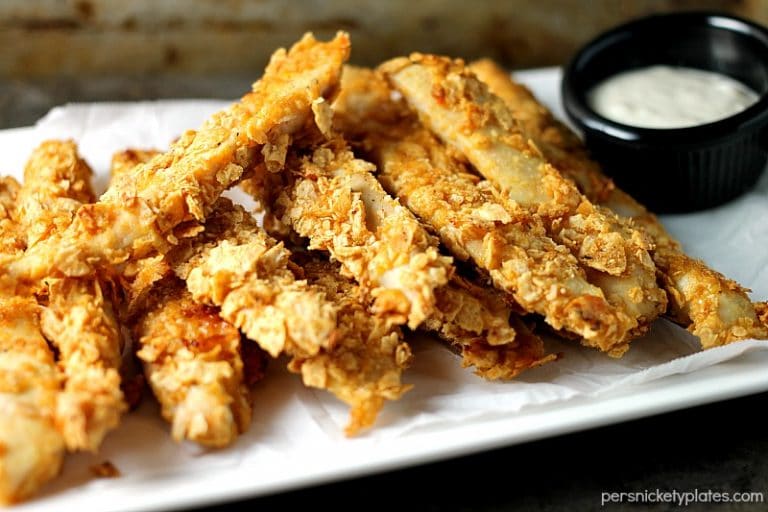 Gluten free Crispy Baked BBQ Chicken Strips made with Vans® Multi-Grain BBQ Chips can be whipped up in about 30 minutes so they're perfect for a weekday dinner! | Persnickety Plates