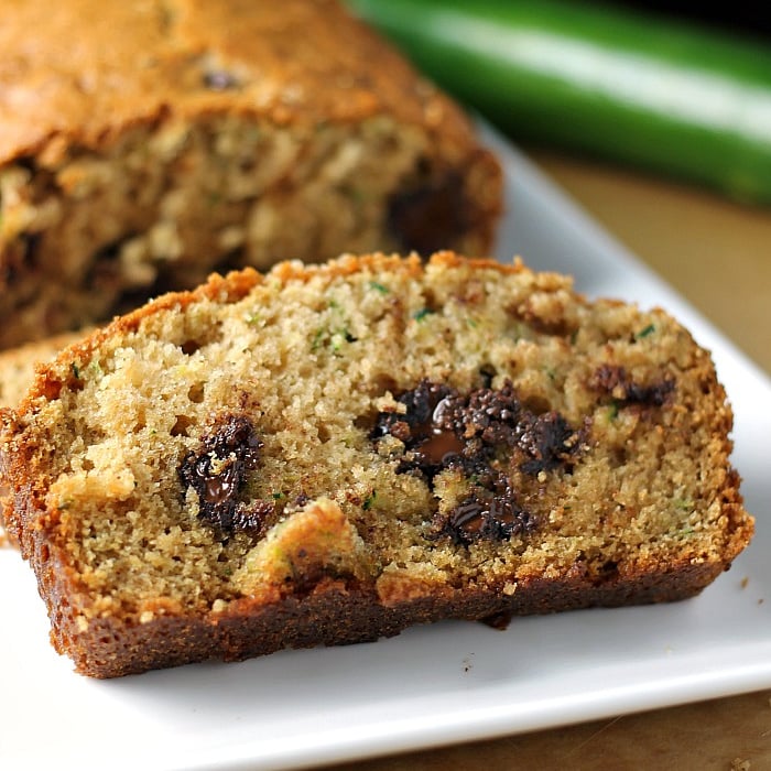 slice of zucchini bread with melty chocolate chips.