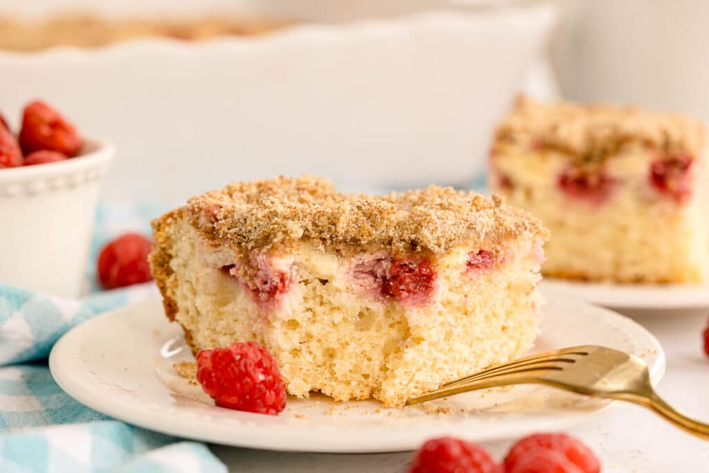 slice of raspberry coffee cake with a bite missing.
