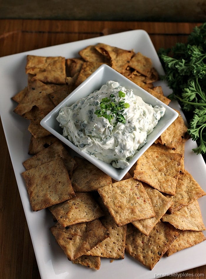 chips & dip on a white platter