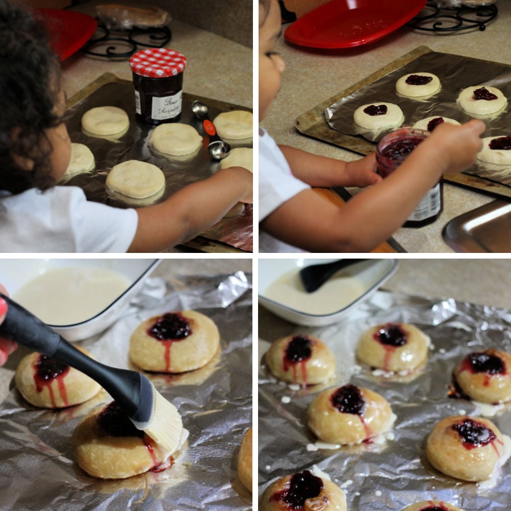 collage of little girl making raspberry thumbprint donuts