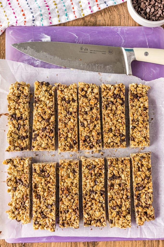 sliced granola bars on a cutting board.