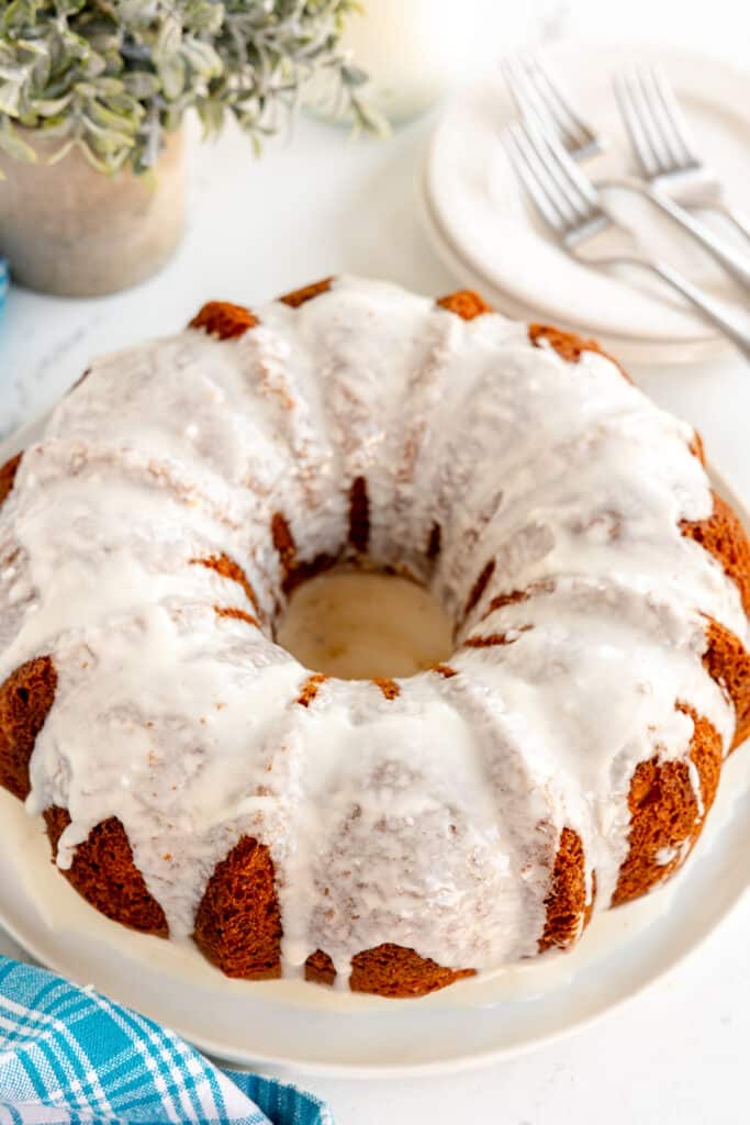 overhead shot of a glazed bundt cake.
