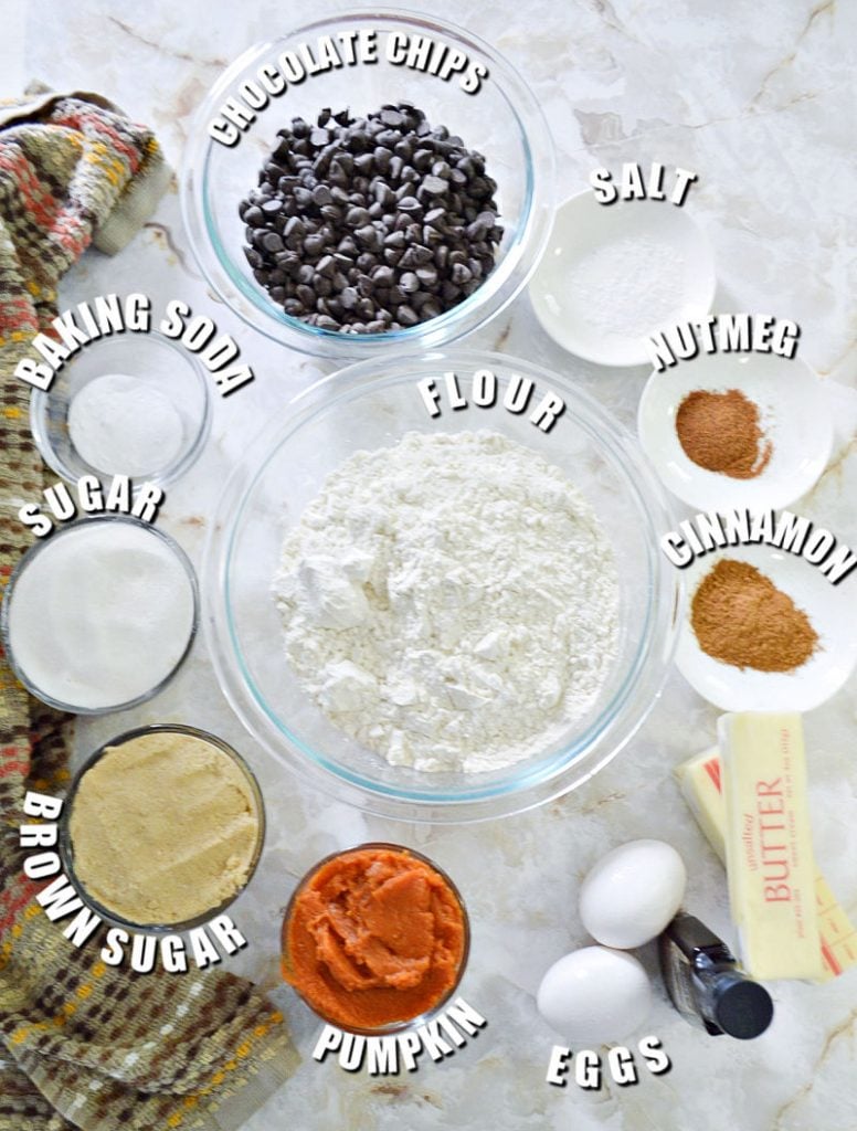 ingredients laid out in bowls to make pumpkin chocolate chip cookies