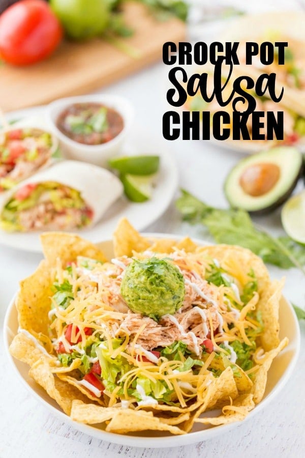Three ingredient Crock Pot Salsa Chicken is in my regular dinner rotation because it's so easy & so good! Flavorful and versatile, this crockpot chicken breast recipe can be made into burritos, taco bowls, nachos, whatever you feel like! | www.persnicketyplates.com
