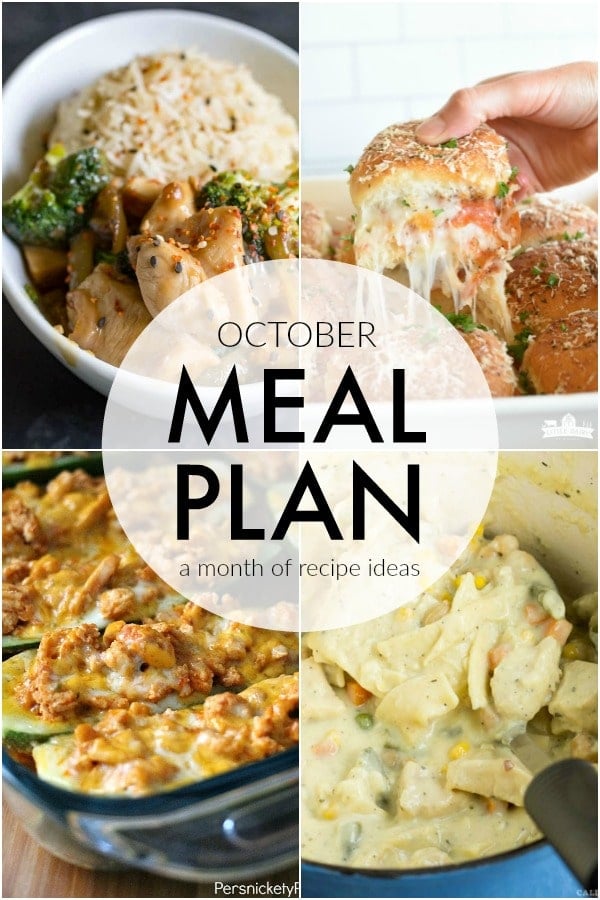 If you struggle to plan dinner ideas every night like me, we have some recipe ideas for you. This October Meal Plan will help make dinner quick and easy. | persnicketyplates.com collage of dinner ideas for the October Meal Plan