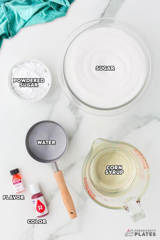 overhead shot of labeled ingredients laid out to make hard tack candy.