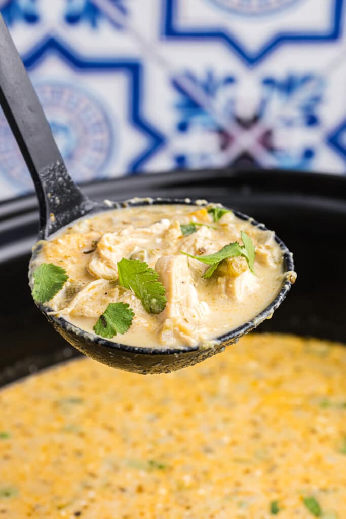 ladle lifting a scoop of green enchilada soup from a slow cooker.
