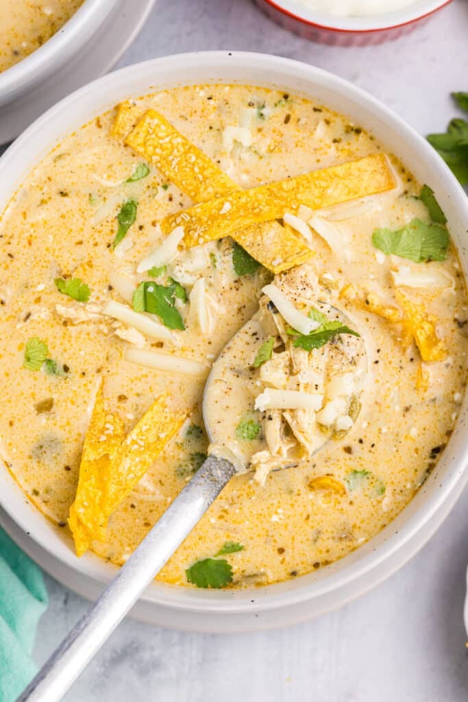 bowl of green enchilada soup topped with tortilla strips, cheese, and cilantro.