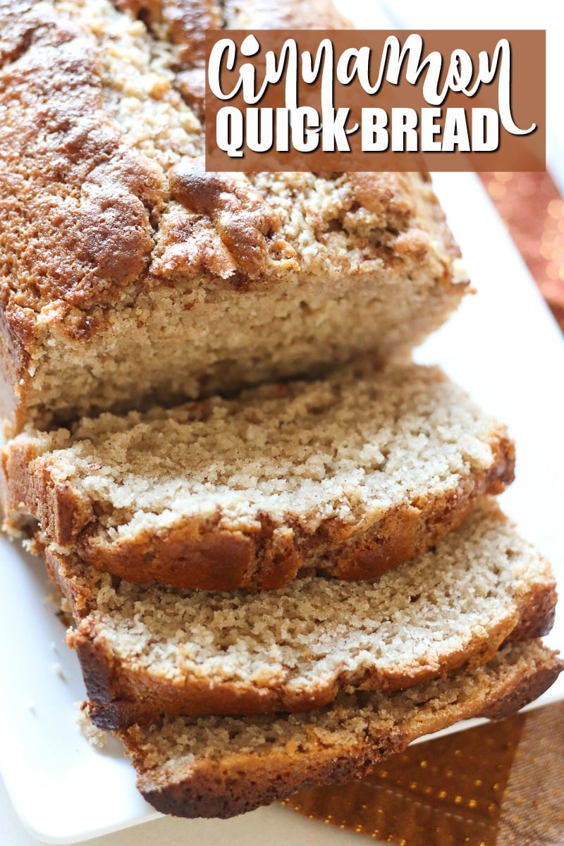 Cinnamon Quick Bread could be called Cinnamon VERY Quick Bread! A simple, from scratch quick bread topped with a cinnamon streusel swirl. | www.persnicketyplates.com sliced loaf of cinnamon quick bread on white plate