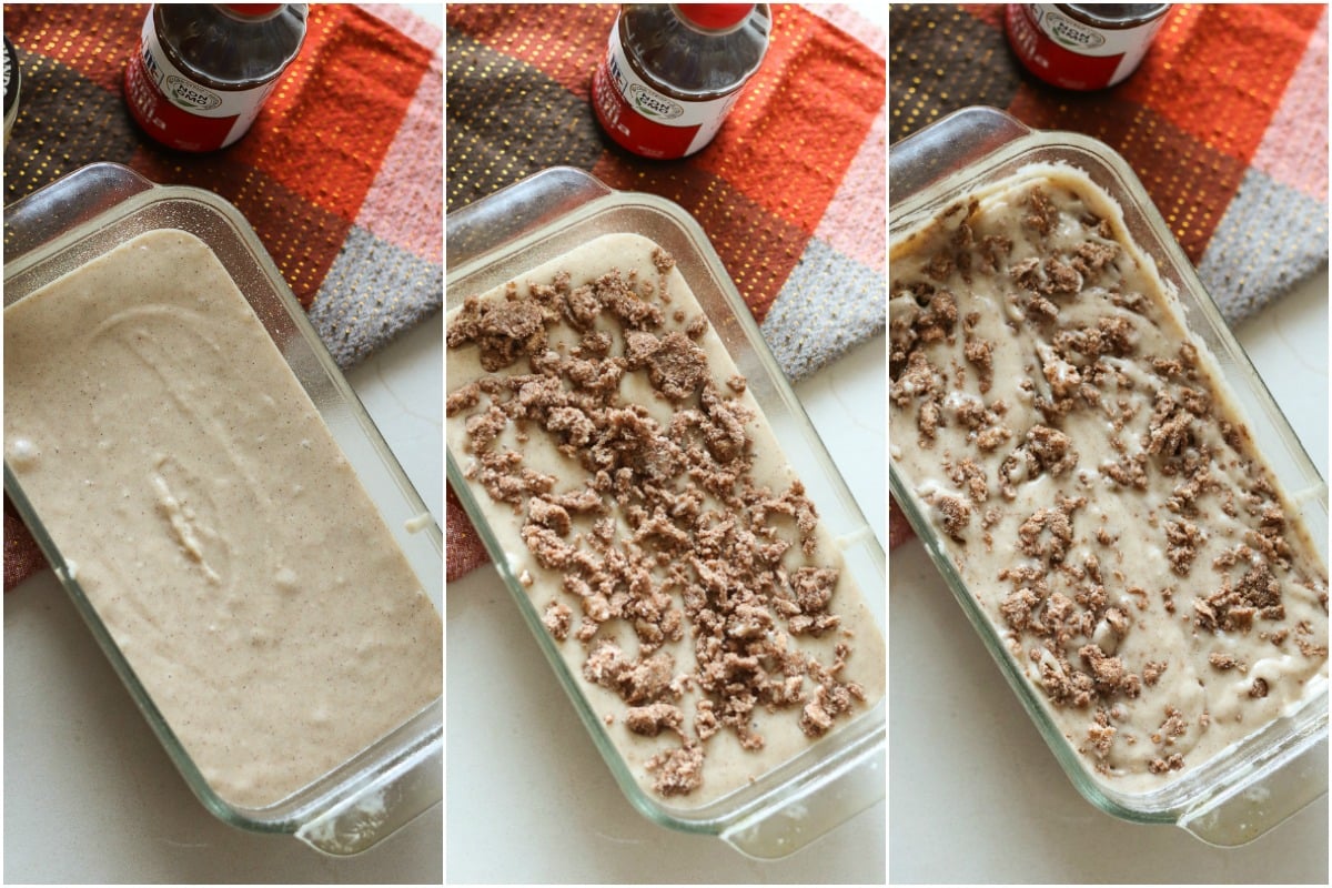 Cinnamon Quick Bread could be called Cinnamon VERY Quick Bread! A simple, from scratch quick bread topped with a cinnamon streusel swirl. | www.persnicketyplates.com collage of cinnamon quick bread loaf pan with streusel topping