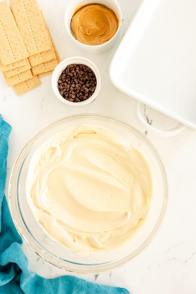 peanut butter pudding in a mixing bowl.