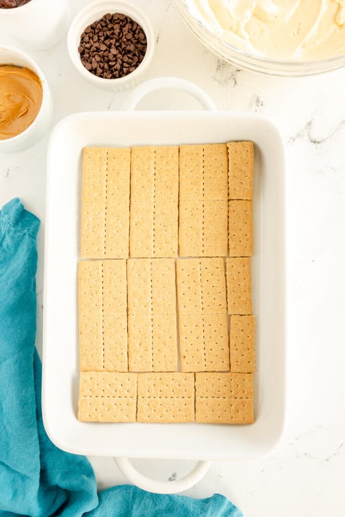 overhead shot of graham crackers in a baking dish.