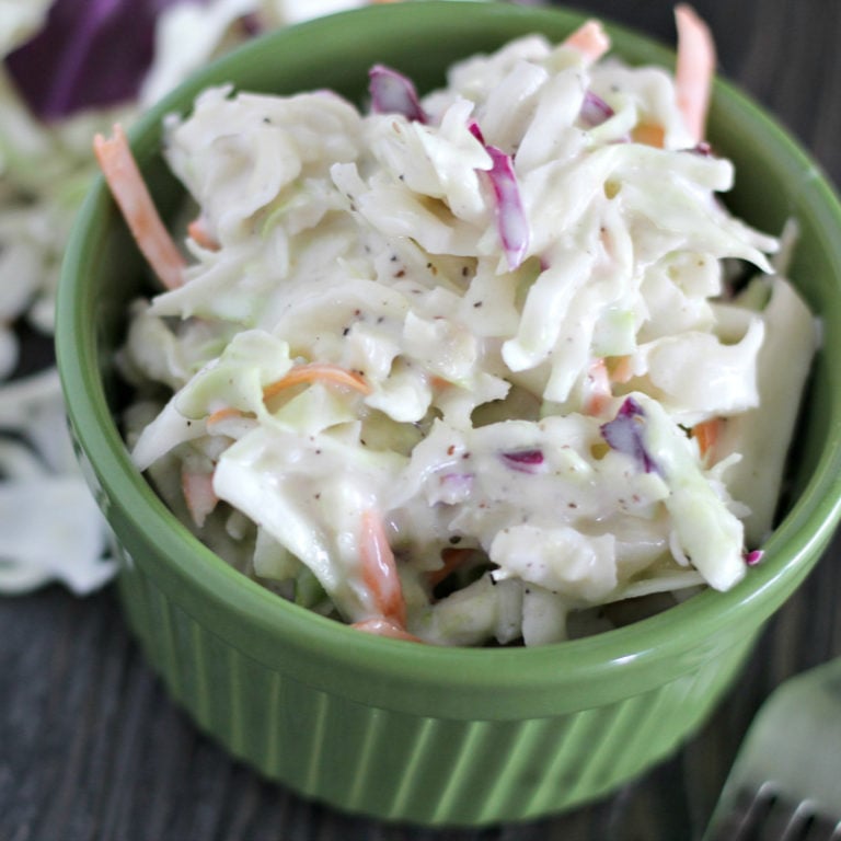 close up of creamy coleslaw