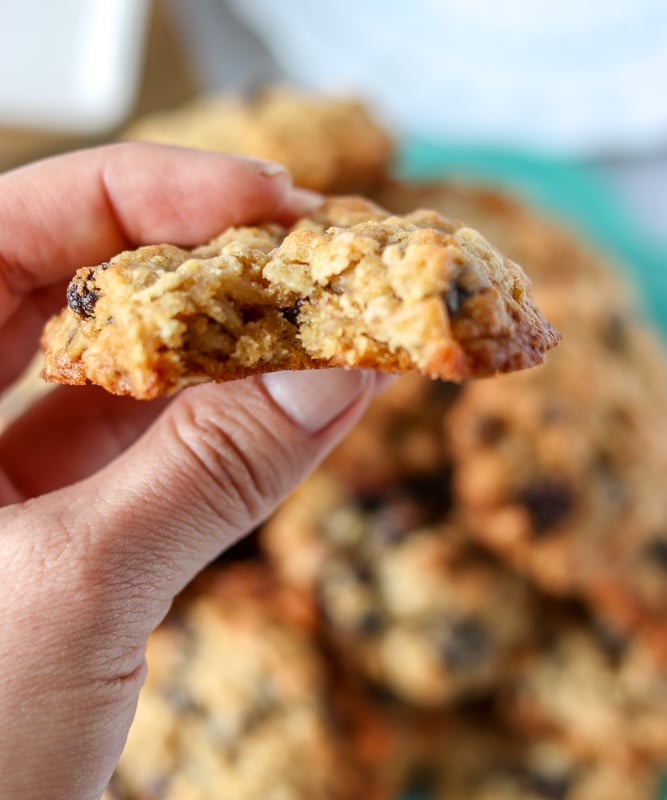 hand holding an oatmeal raisin cookie with a bite taken out