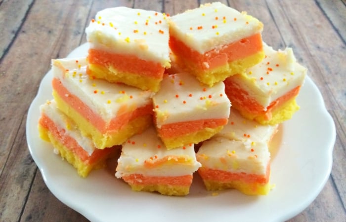 plate of candy corn fudge topped with sprinkles