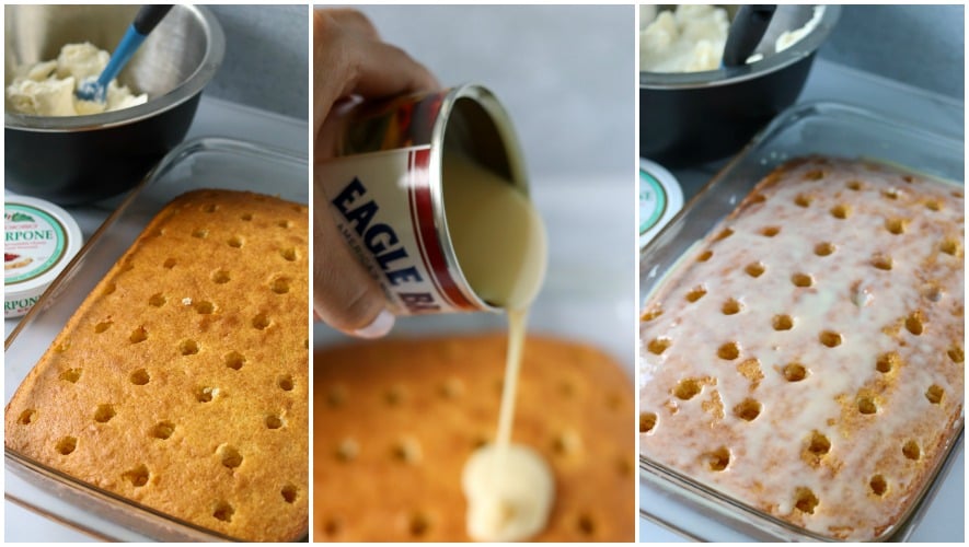 white cake with holes poked in it with sweetened condensed milk drizzled over