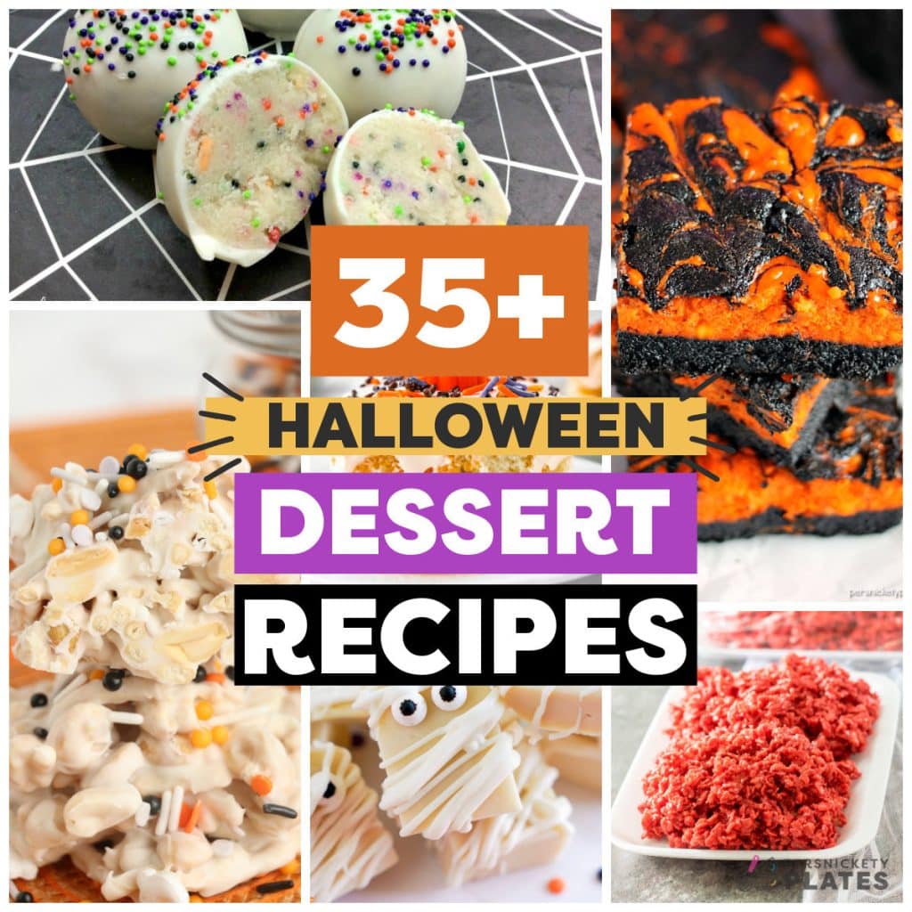 collage of photos showing halloween dessert recipes.