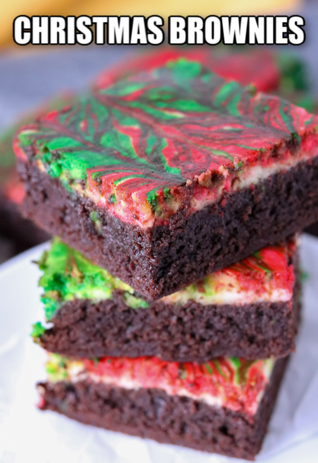 stack of christmas brownies with title text