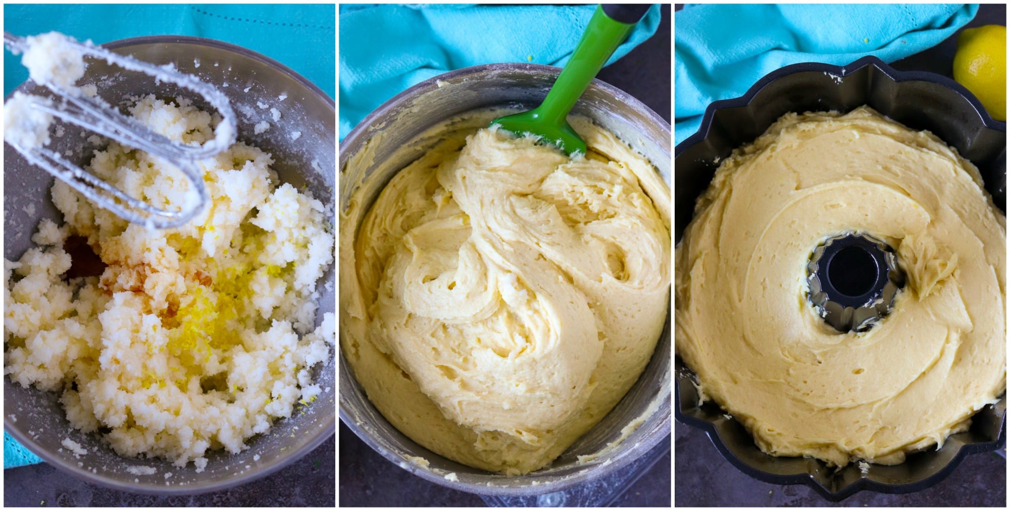lemon pudding cake batter in mixing bowl and bundt pan