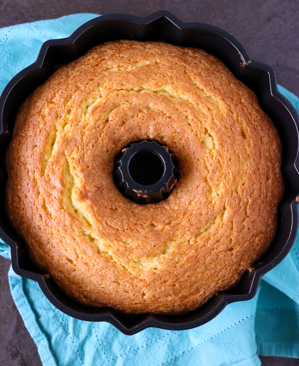 overhead shot of lemon pudding cake in bundt pan