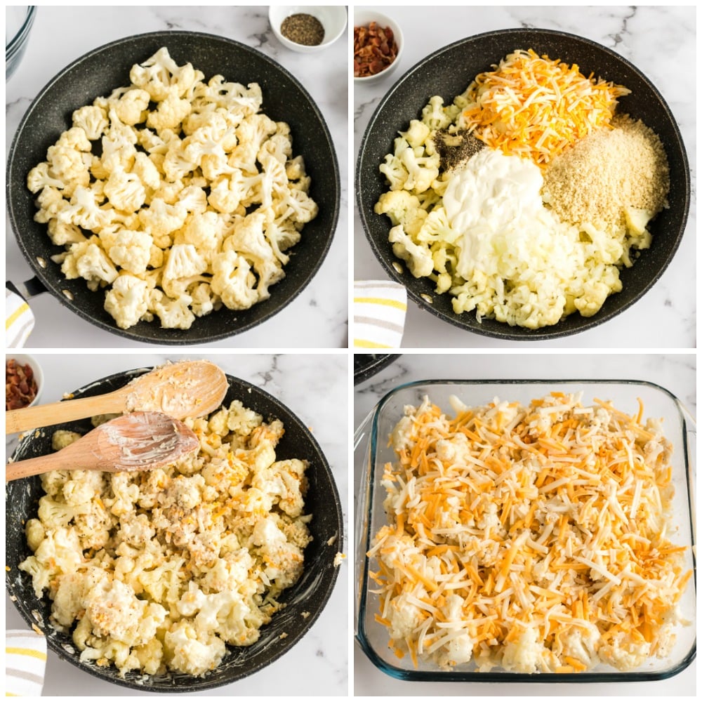 collage of cauliflower in sauce pan making casserole