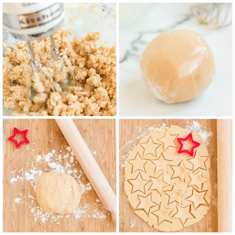 shortbread dough being rolled out & cut into stars