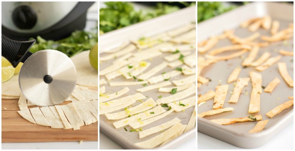 process shots of making crispy tortilla strips