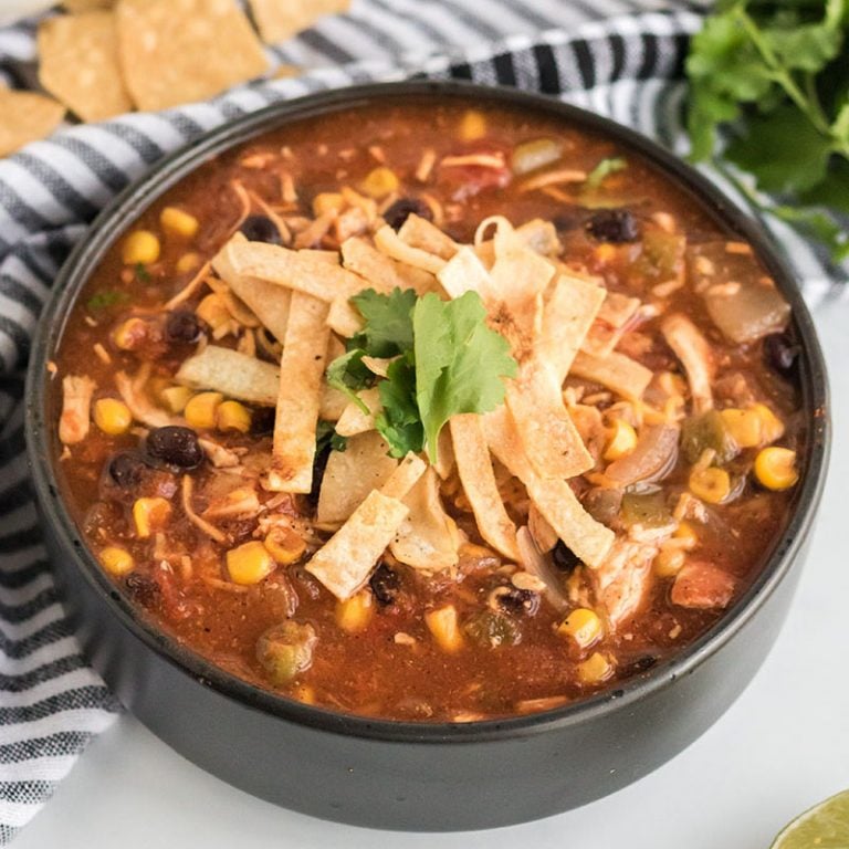 black bowl full of chicken tortilla soup