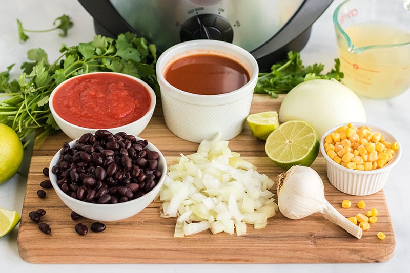 ingredients laid out to make slow cooker chicken tortilla soup