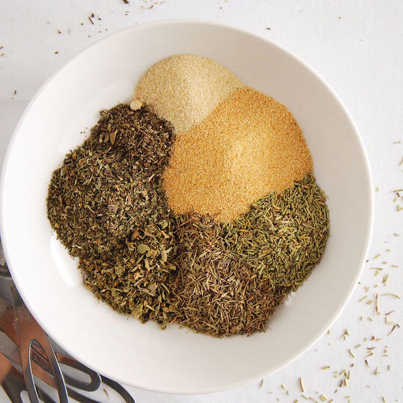 overhead shot of seasonings in white bowl