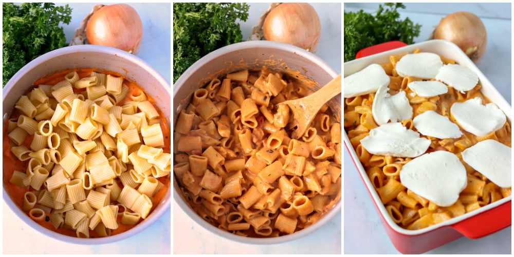 overhead shots of pasta being made in rosa sauce