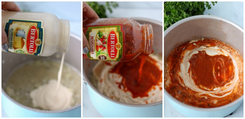 jars pouring into a pot making rosa sauce