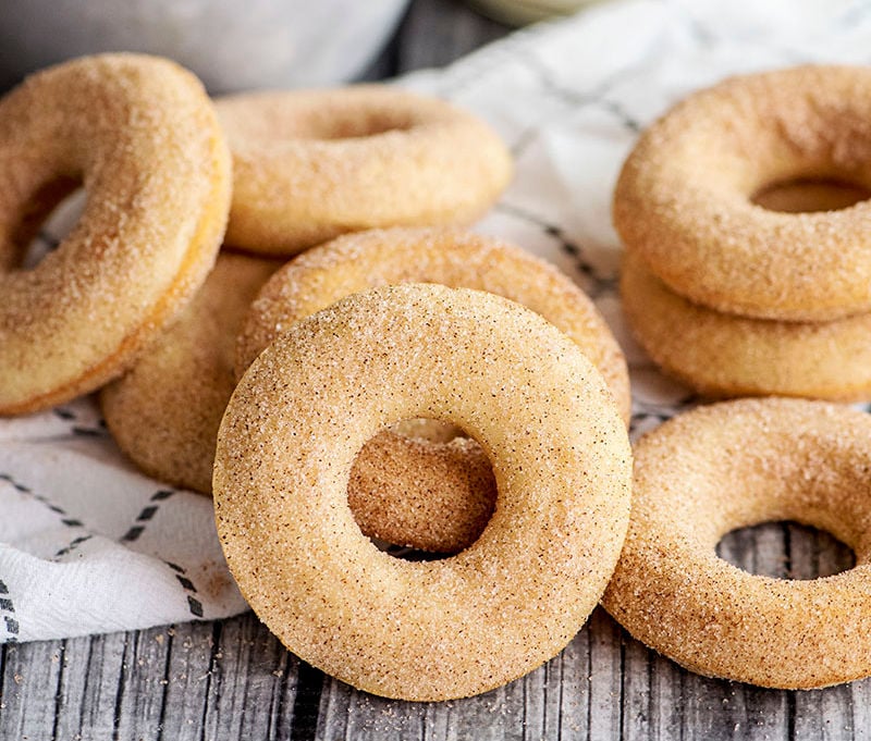stack of cinnamon sugar baked donuts