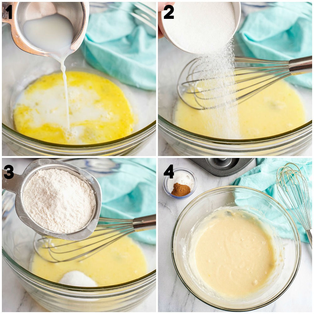 mixing ingredients together in a bowl to make donuts