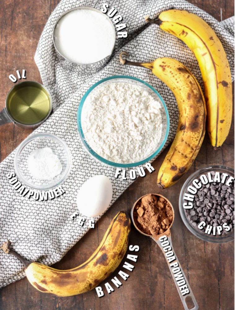ingredients laid out to make chocolate banana muffins.
