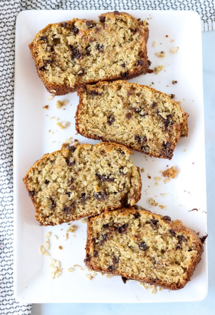 white platter with four pieces of chocolate chip bread