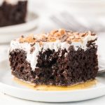 slice of better than sex cake on a white plate